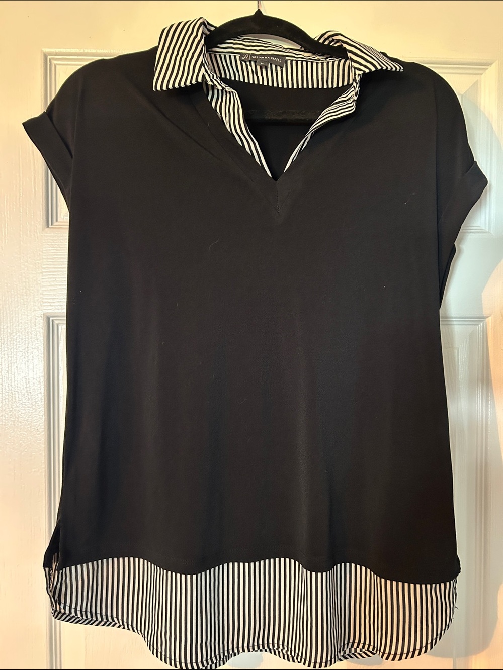 Adrianna Papell Black Top with Black-and-White Striped Collar & Hem